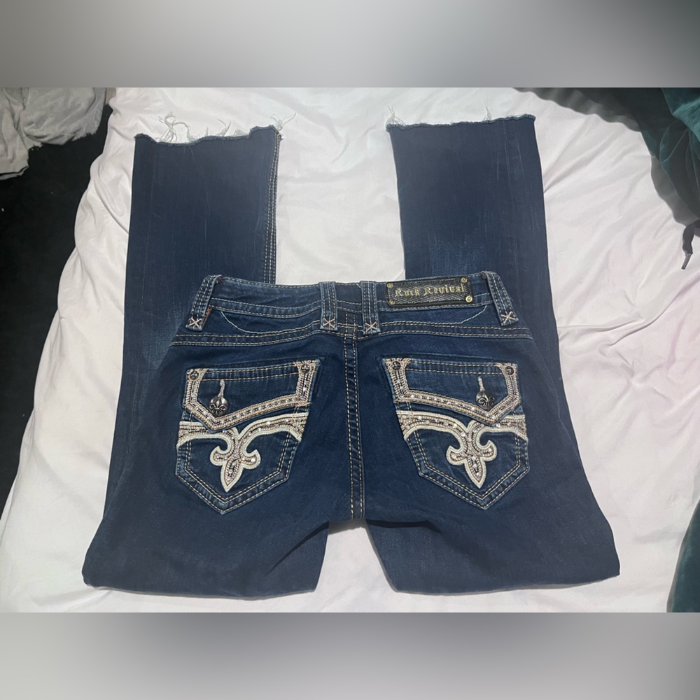 Rock Revival Dark Blue Boot Cut Jeans with Embellished Pockets